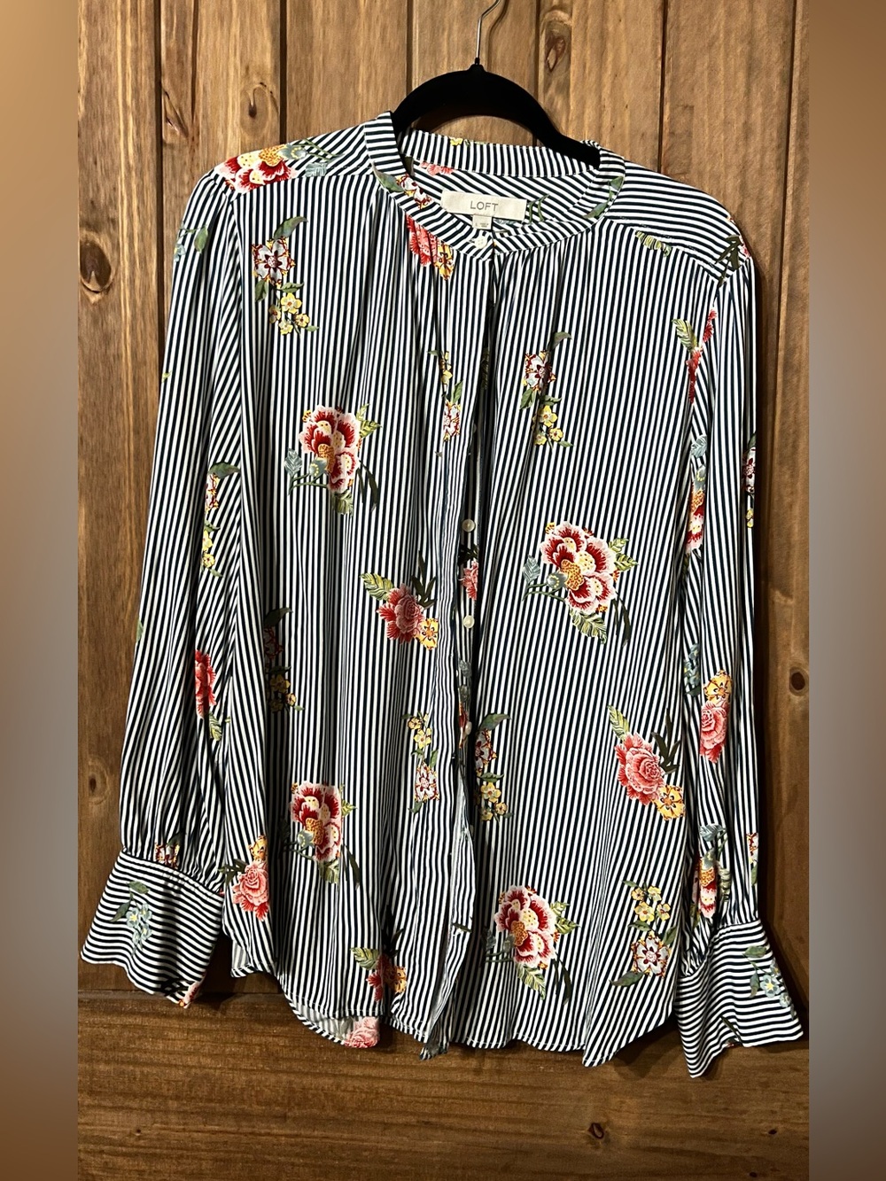 LOFT navy & White Striped Floral Button-Front Blouse